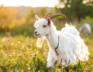Obraz premium White goat stands in a grassy meadow, bathed in the golden light of the setting sun