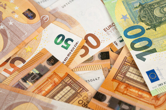 Colorful euro banknote display. Brightly colored euro currency notes for marketing designs. Extensive variety of euro banknotes with vibrant colors for advertising media