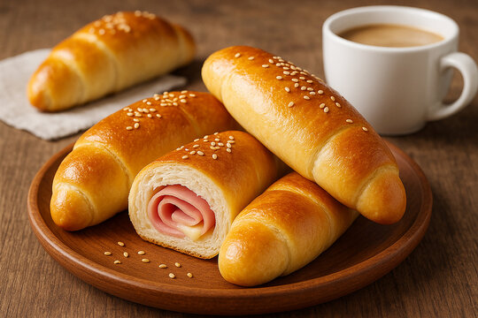 Cachito are a Venezuelan type of sandwich filled with ham and cheese for breakfast stock photo