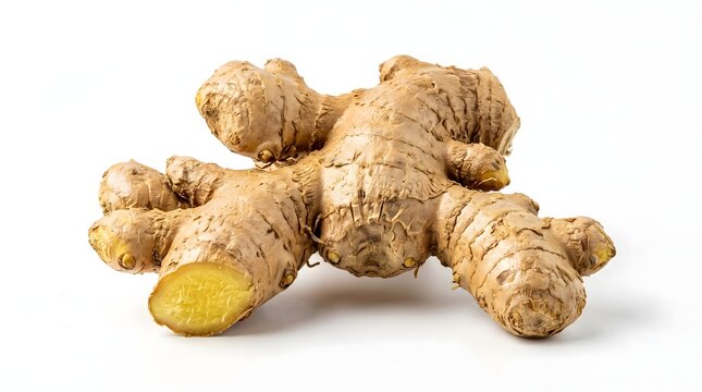A close-up shot of a ginger root, exhibiting the textured skin and the vibrant yellow of the fresh cut, highlighting the spice's natural appeal