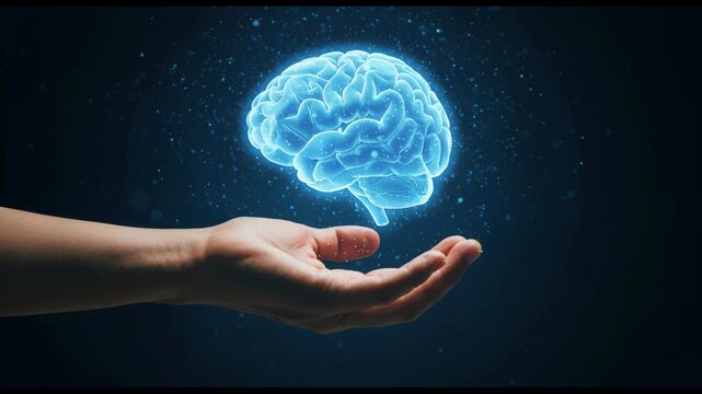 Conceptualize intelligence: A glowing digital representation of a human brain rests gently upon a hand, symbolizing intellect, innovation, and the power of thought against a dark background.