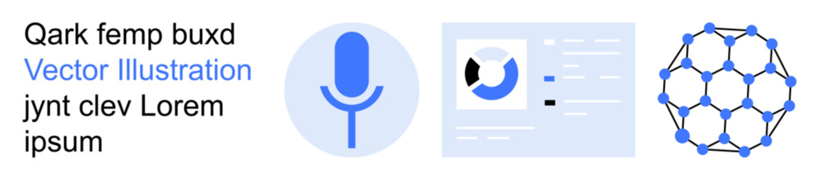 Voice recognition, data analysis, technology, networking, AI, digital tools. Microphone icon, data chart interface and network structure. Voice recognition and data analysis