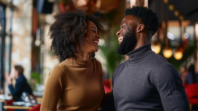 Joyful Connection: A radiant couple shares a moment of laughter and genuine affection, their faces alight with happiness as they connect within a warm and inviting setting.