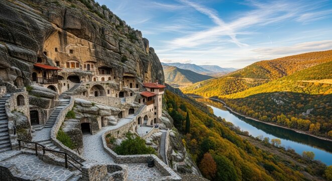 Ancient stone monastery carved into cliff overlooking river valley