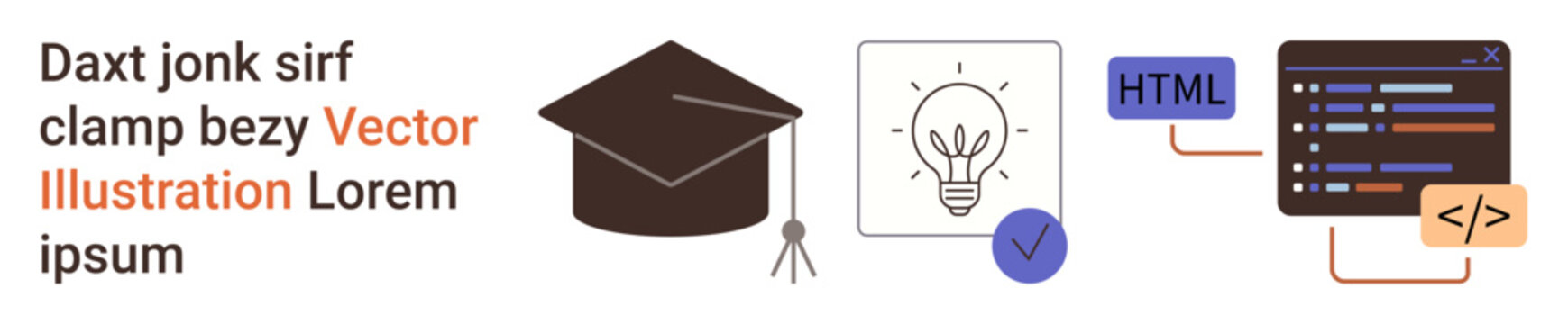 Education, coding skills, creative solutions, academic achievement, software development, innovation. Graduation cap, light bulb code editor and HTML symbols. Education and coding skills concepts