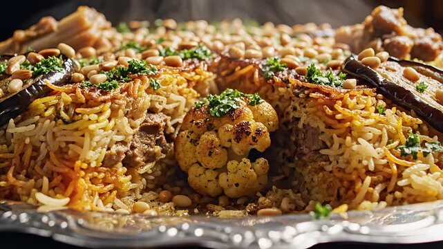 Delicious Middle Eastern Kabsa Rice Dish with Meat and Vegetables.