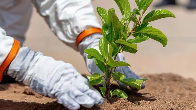 Hands in protective gear carefully plant a young green sapling into the soil for reforestation.