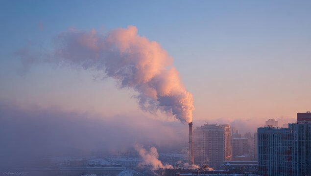 Pale pink smoke billows from a factory pipe over a city at dawn
