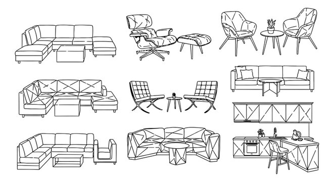 collection of modern minimalist furniture sketches including sofas chairs coffee tables and kitchen cabinets
