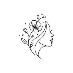 Woman face with flowers continuous line art beautiful profile portrait hand drawn minimalistic botanical natural floral design concept elegant illustration isolated. © mr.shawn007