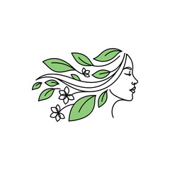 Woman face with green leaves and blossoms continuous line art beautiful profile portrait hand drawn minimalistic botanical nature inspired design concept elegant illustration. © mr.shawn007