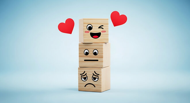 Emotions Stacked Happy Neutral Sad Faces on Wooden Blocks.