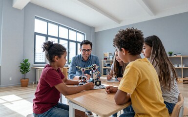 Obraz premium Students learn robotics with teacher in bright modern classroom