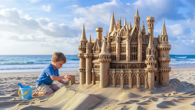 A young boy carefully shapes a towering, intricately detailed sandcastle on a sunny beach, with ocean waves and soft clouds creating a calm, picturesque backdrop.