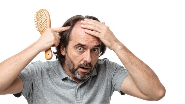 Man shocked holding comb and hand to head revealing thinning hair.
