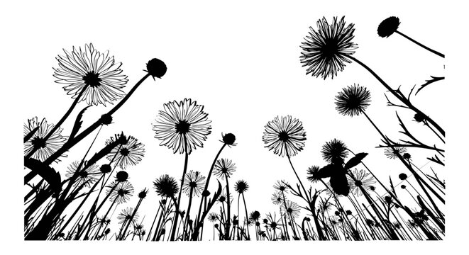 Silhouette dandelions against bright sky, low angle view, summer meadow, black and white