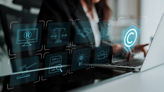 Digital copyright protection system showing secure ownership, intellectual property rights, content verification, and legal warning icons for creators and publishers Marrow