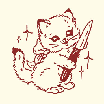 Kitten holding a knife vector illustration cute playful quirky with line art illustration whimsical childish monoline isolated background domestic creature character decoration distinctive