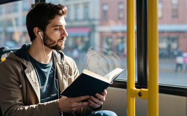 Man reads book on bus earphones in gazing out window thoughtfully.