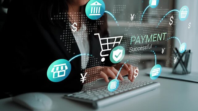 Woman Using Computer for Online Payment with Virtual Marketing Icons and Success Indicators in a Modern Business Environment Gluon.