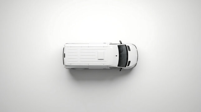 An aerial view of a white van on a plain surface from above.