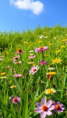 Obraz premium Vibrant green meadow with blooming wildflowers under a clear blue sky, fresh, bright