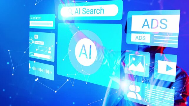 Futuristic Interface Displaying AI Search Function, Voice Commands, and Digital Ads in a High-Tech Environment with Abstract Visuals Gluon.