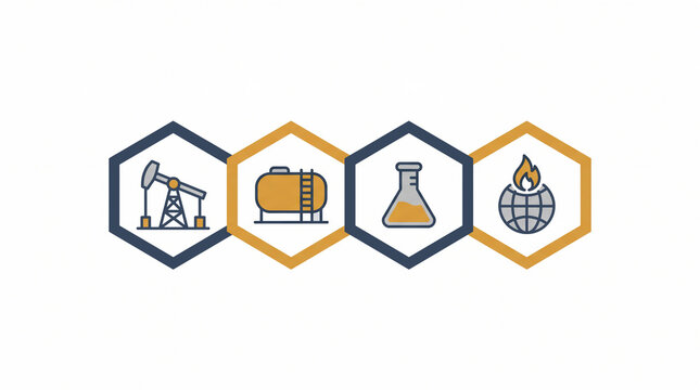 Petroleum industry supply chain infographic template featuring connected hexagonal frames with oil pumpjack, fuel storage tank, laboratory flask, and flaming globe icons