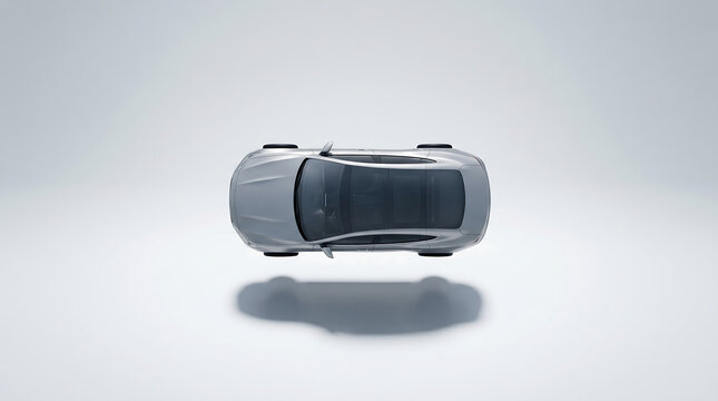 Top view of a silver car is shown on a white surface with shadow underneath