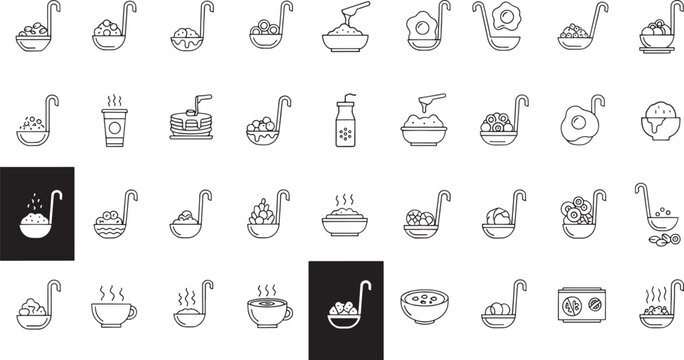 Collection of black and white line depicting food and kitchen utensils ladle bowl