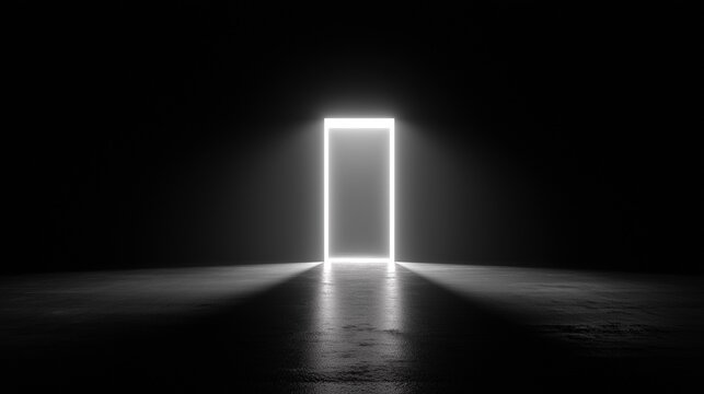 Glowing rectangular light doorway in dark room with reflection on floor