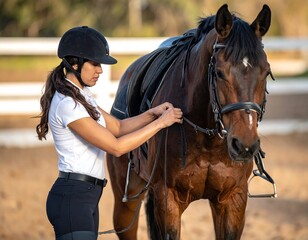 Obraz premium Woman adjusting a horse's bridle
