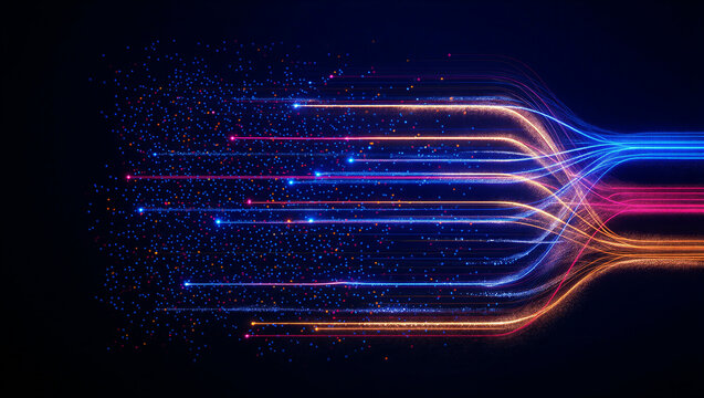 Futuristic glowing light trails converging into bright streams of digital data and technology connections
