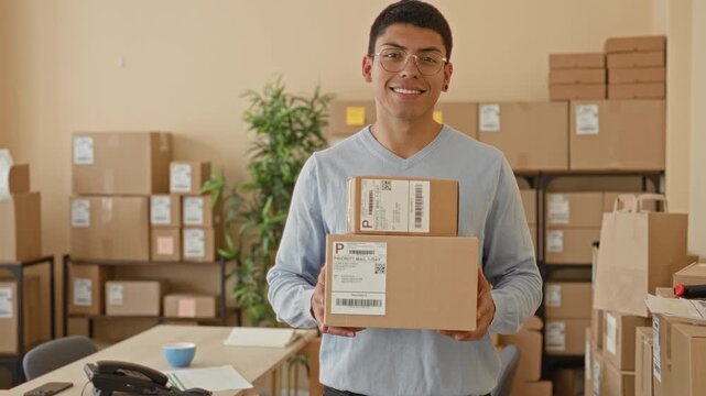 Man holding two shipping boxes and smiling while presenting parcels at chest in a busy packing room of a small business building; small business pride.