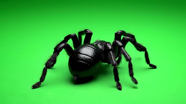 Closeup of a Black Toy Spider on a Vibrant Green Background.