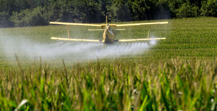 Yellow Crop Duster Sprays Fields Beneath Clear Sky