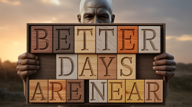 Inspirational wooden blocks with Better Days Are Near text held by a man, motivational quote on timber cubes for mental health and hope, positive message on wood tiles during a golden sunset sky