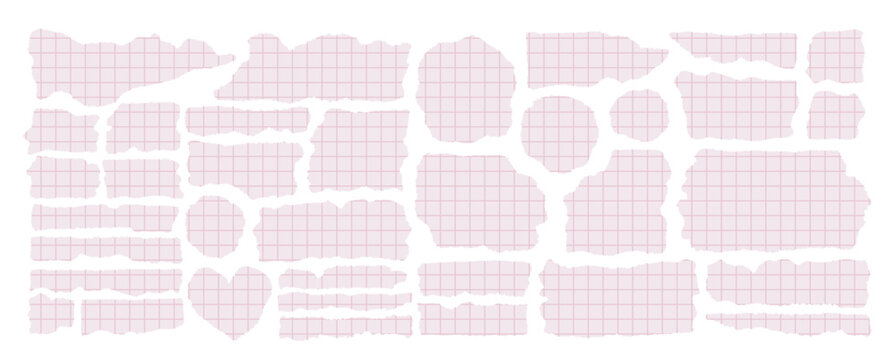 Set of torn paper pieces with soft pink grid pattern, ripped edges, scrapbook elements, realistic texture, isolated on white background. Perfect for collage, journaling, planners, stickers, design