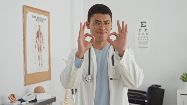 Man doctor in white coat with stethoscope smiling and making ok hand gesture in clinic with anatomy poster eye chart and models visible; reassuring confident care.