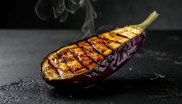 Close-up shot of a grilled eggplant with grill marks and smoke rising, showcasing its healthy texture and delicious smoky flavor, perfect for culinary use