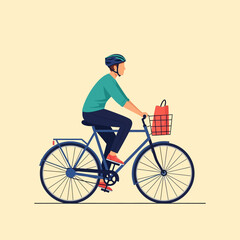 Naklejka premium Illustration of a person riding a bicycle with a basket and a helmet in a flat design.