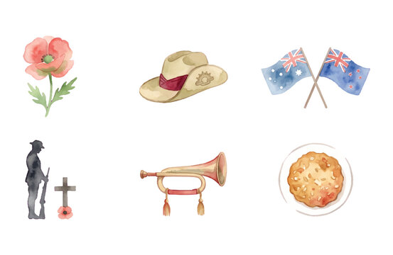 Anzac Day watercolor icon set with poppy flower slouch hat flags soldier silhouette bugle and anzac biscuit on white background
