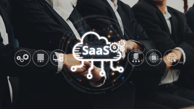 A diverse group of business professionals engages in collaboration focused on cloud software solutions, highlighting innovation and technology in a modern office setting. Raster