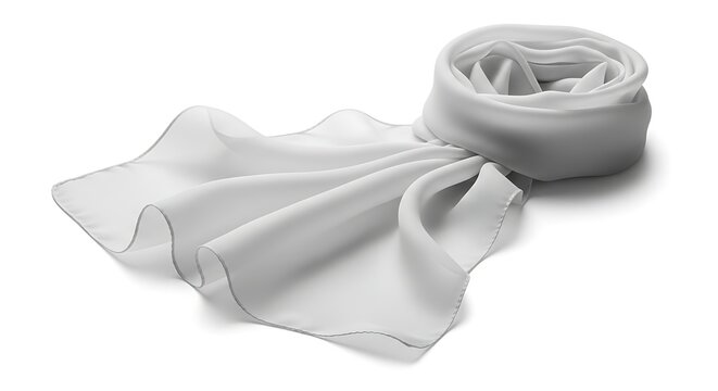 A neatly rolled scarf lies isolated on a surface with part of it unfolded.