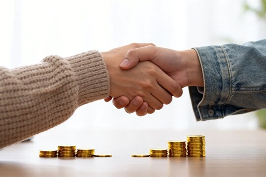 Two hands shaking over stacks of coins