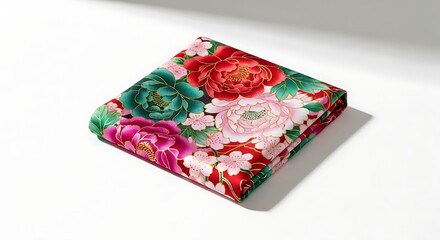 Fototapeta premium A scarf with colorful floral patterns lies isolated on a white surface.