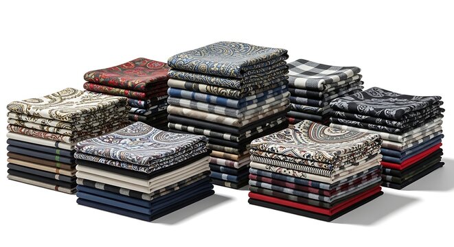 A scarf wrapped stack of folded fabrics isolated on white background