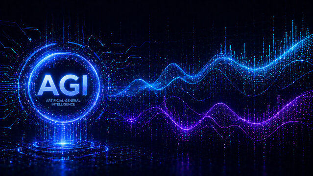 Futuristic AGI (Artificial General Intelligence) interface with glowing digital data waves.