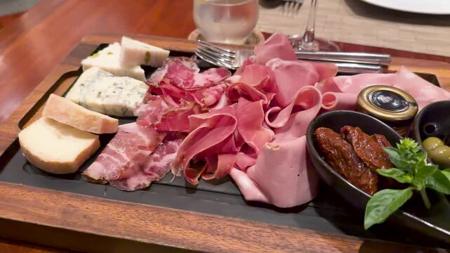 Delicious charcuterie board with assorted meats and cheeses served on wooden platter at restaurant.