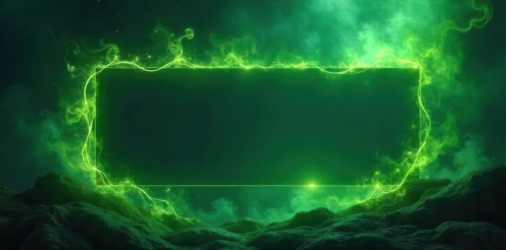 A luminous green ethereal border frames a vast, mysterious expanse, hinting at an otherworldly portal on a dark, textured landscape